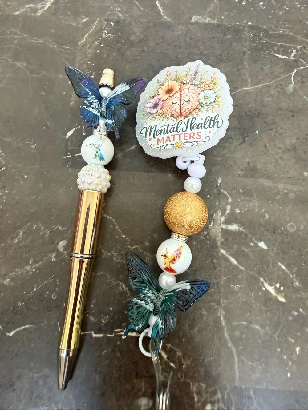 Mental Health Matters Butterfly Beaded Pen and Matching Badge Reel Set Handmade